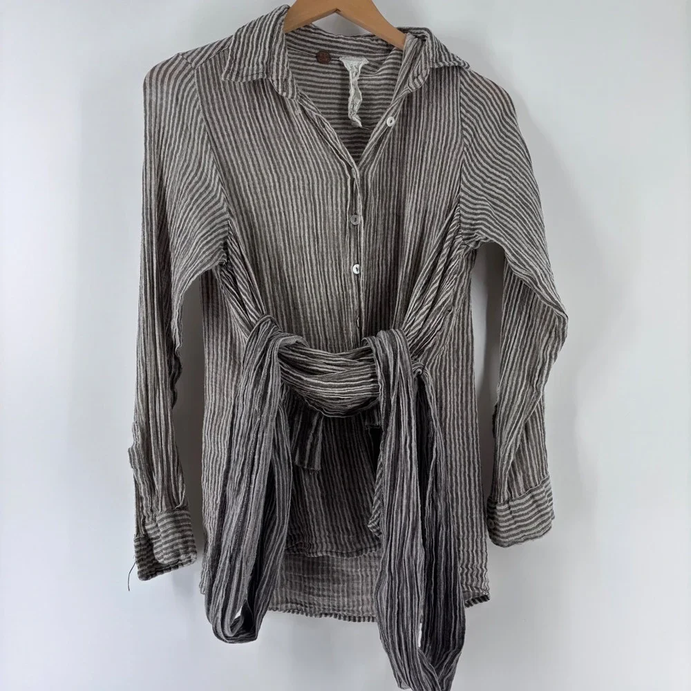 Free People FP One Button Down Shirt Womens XS Brown Striped Tie Waist Boho Top